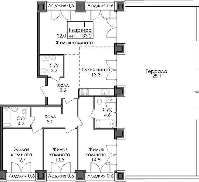 3-комнатная квартира 133.2 м², 8/9 эт., ЖК «Лермонтовский 54»